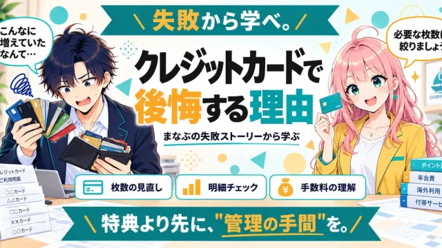 クレジットカードで後悔する理由を紹介するSHIPPAI.JPの記事アイキャッチ。まなぶとみらいのイラスト付き