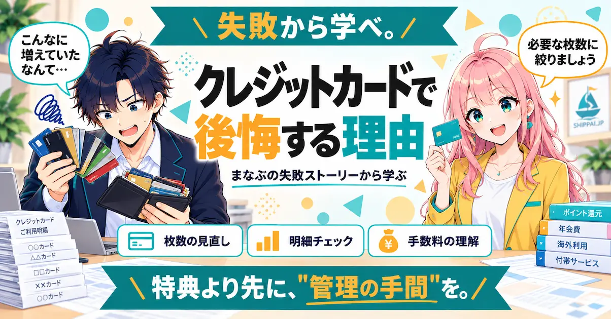クレジットカードで後悔する理由を紹介するSHIPPAI.JPの記事アイキャッチ。まなぶとみらいのイラスト付き