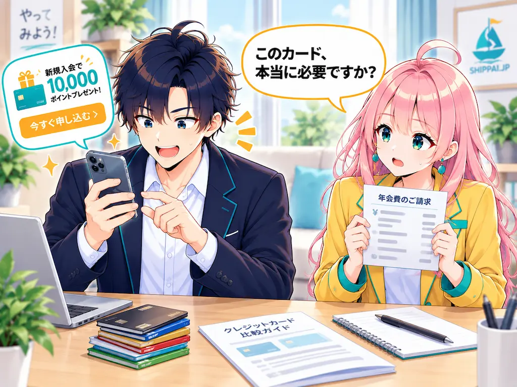 新しいカードの申し込みに喜ぶまなぶと、必要性を問いかけるみらいのイラスト