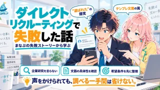 「ダイレクトリクルーティングで失敗した話」を紹介するSHIPPAI.JPの記事アイキャッチ。スカウトメッセージに高揚するまなぶと、それを解説するみらいのイラスト
