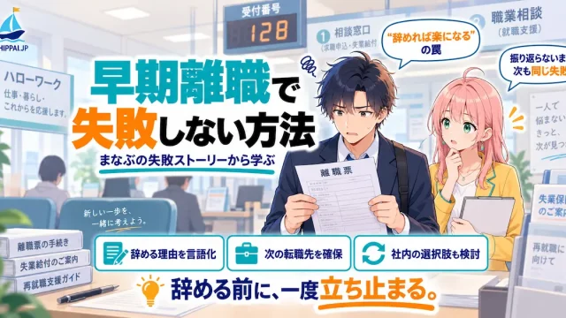 「早期離職で失敗しない方法」を紹介するSHIPPAI.JPの記事アイキャッチ。役所の窓口で離職票を手に呆然とするまなぶと、心配そうに見つめるみらいのイラスト