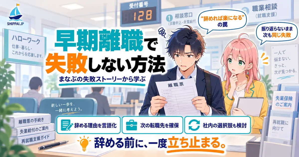 「早期離職で失敗しない方法」を紹介するSHIPPAI.JPの記事アイキャッチ。役所の窓口で離職票を手に呆然とするまなぶと、心配そうに見つめるみらいのイラスト