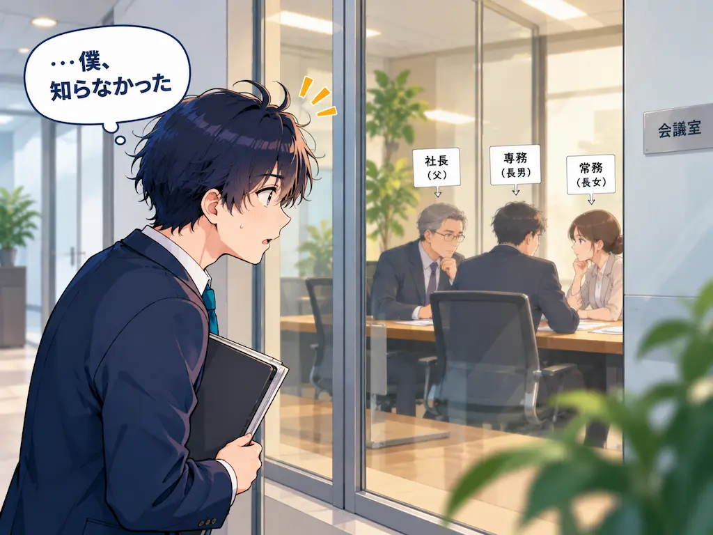 会議室のガラス扉越しに、社長家族だけの話し合いに気づき戸惑うまなぶのイラスト