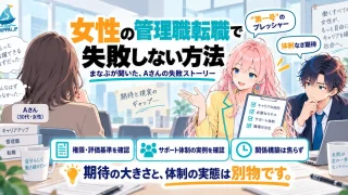 「女性の管理職転職で失敗しない方法」を紹介するSHIPPAI.JPの記事アイキャッチ。みらいが案内役となって解説し、まなぶがAさん(後ろ姿)の話を聞くイラスト