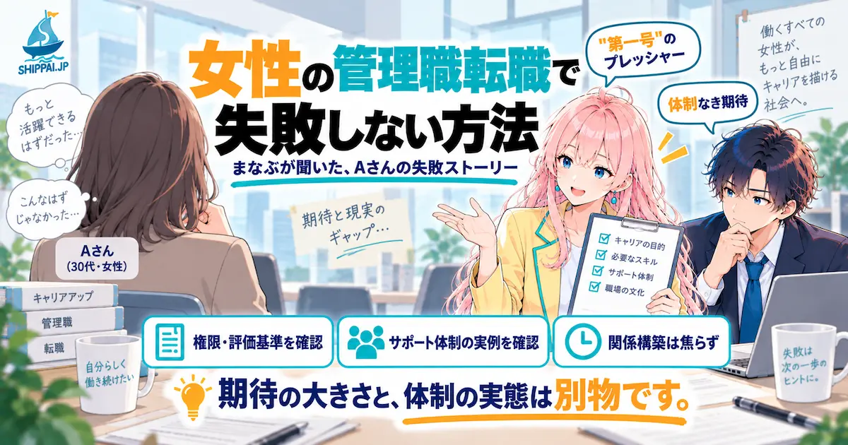 「女性の管理職転職で失敗しない方法」を紹介するSHIPPAI.JPの記事アイキャッチ。みらいが案内役となって解説し、まなぶがAさん(後ろ姿)の話を聞くイラスト