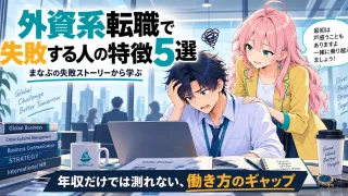 外資系転職で失敗する人の特徴5選を紹介するSHIPPAI.JPの記事アイキャッチ。ガラス張りの会議室で困惑するまなぶと寄り添うみらいのイラスト付き