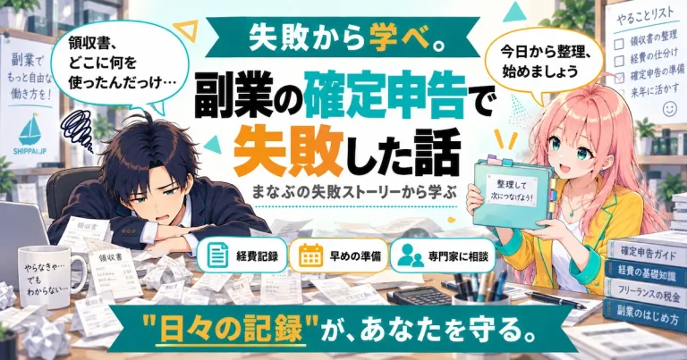 副業の確定申告で失敗した話を紹介するSHIPPAI.JPの記事アイキャッチ。まなぶとみらいのイラスト付き