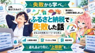ふるさと納税で失敗した話を紹介するSHIPPAI.JPの記事アイキャッチ。まなぶとみらいのイラスト付き