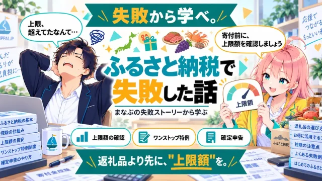 ふるさと納税で失敗した話を紹介するSHIPPAI.JPの記事アイキャッチ。まなぶとみらいのイラスト付き