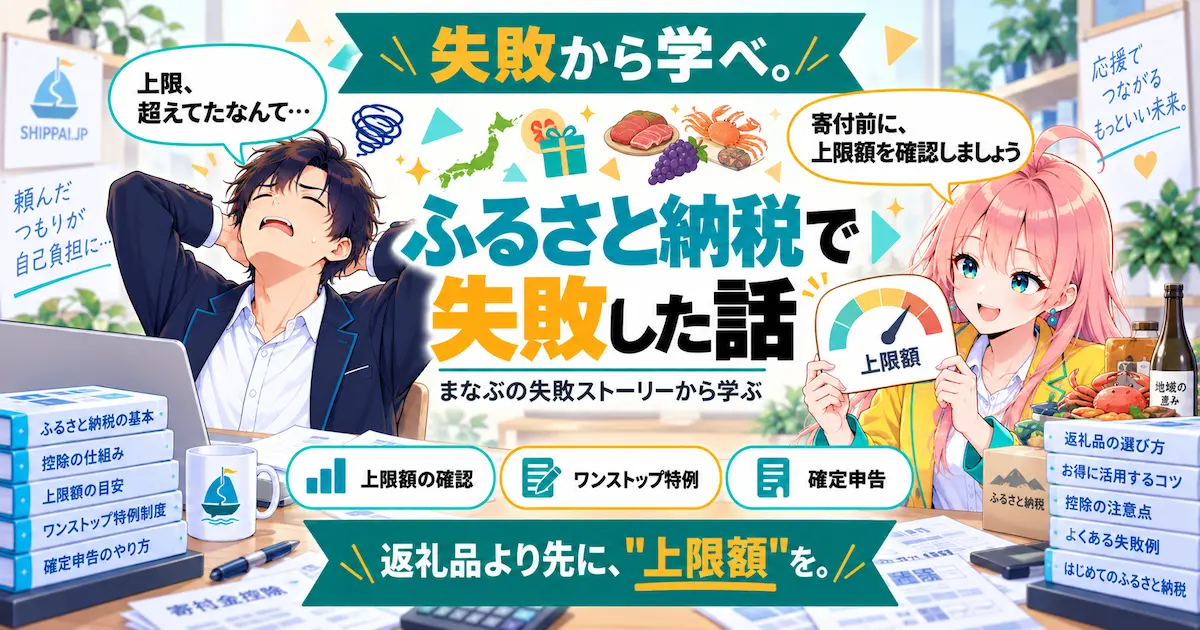 ふるさと納税で失敗した話を紹介するSHIPPAI.JPの記事アイキャッチ。まなぶとみらいのイラスト付き