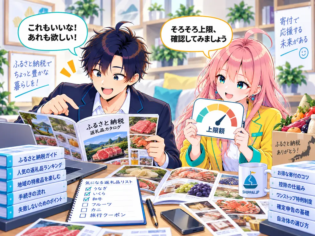返礼品カタログを楽しそうに選ぶまなぶと、上限額の確認を提案するみらいのイラスト