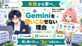 Geminiを使いこなせない理由を紹介するSHIPPAI.JPの記事アイキャッチ。まなぶとみらいのイラスト付き