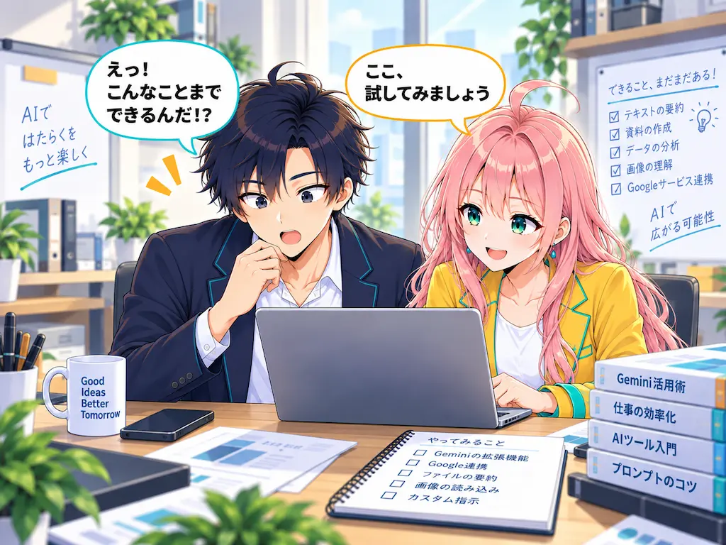 気づきを得て驚くまなぶと、画面を覗き込みながら提案するみらいのイラスト