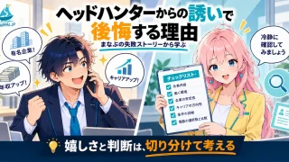 ヘッドハンターからの誘いで後悔する理由を紹介するSHIPPAI.JPの記事アイキャッチ。舞い上がるまなぶと、確認を促すみらいの対比イラスト付き