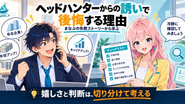 ヘッドハンターからの誘いで後悔する理由を紹介するSHIPPAI.JPの記事アイキャッチ。舞い上がるまなぶと、確認を促すみらいの対比イラスト付き