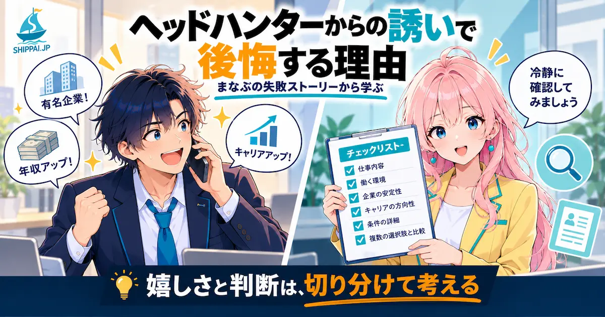 ヘッドハンターからの誘いで後悔する理由を紹介するSHIPPAI.JPの記事アイキャッチ。舞い上がるまなぶと、確認を促すみらいの対比イラスト付き