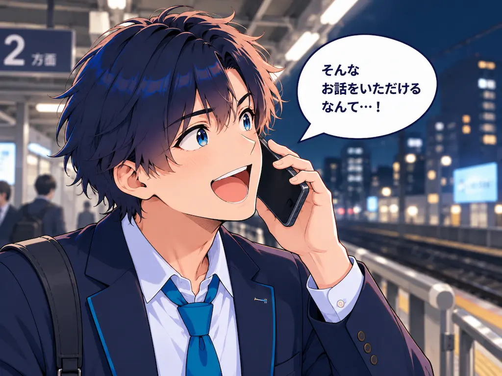 夜の駅のホームでヘッドハンターからの電話に高揚するまなぶ。スカウトの誘いに舞い上がる瞬間を表すイラスト