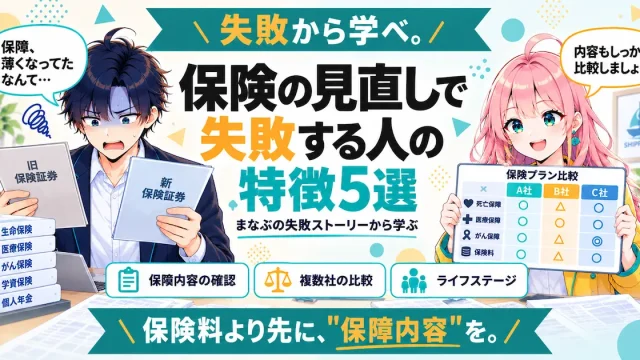 保険の見直しで失敗する人の特徴5選を紹介するSHIPPAI.JPの記事アイキャッチ。まなぶとみらいのイラスト付き