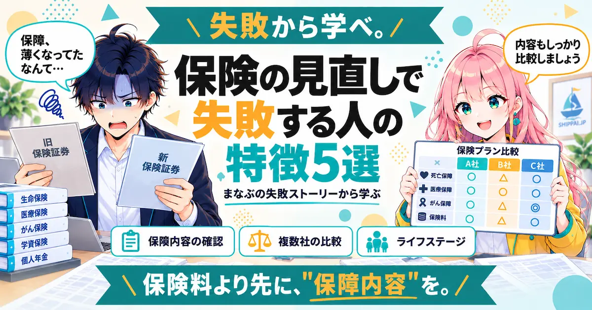 保険の見直しで失敗する人の特徴5選を紹介するSHIPPAI.JPの記事アイキャッチ。まなぶとみらいのイラスト付き