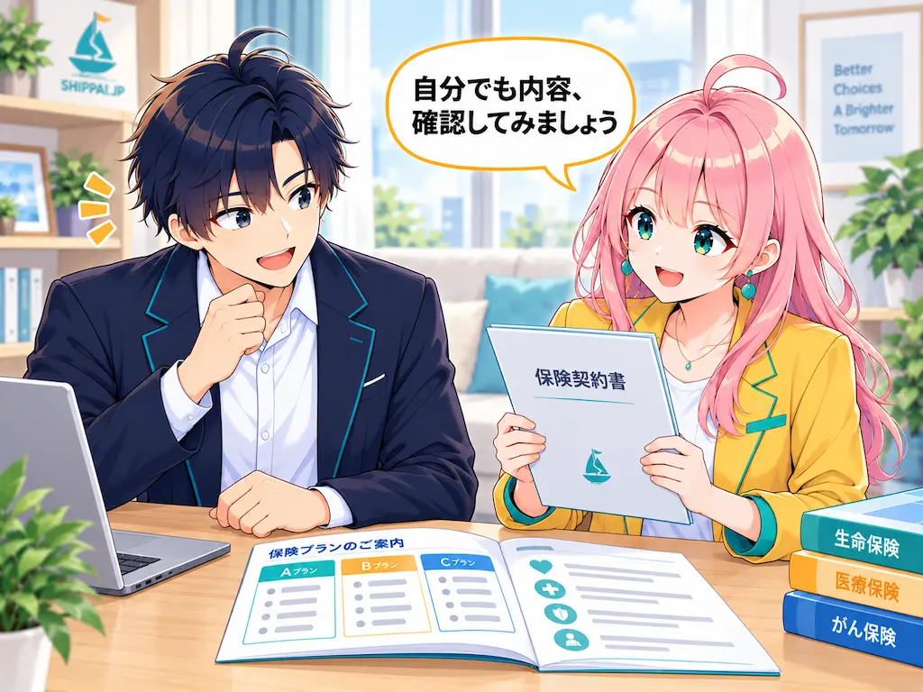 説明にうなずくまなぶと、自分での確認を提案するみらいのイラスト