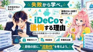 iDeCoで後悔する理由を紹介するSHIPPAI.JPの記事アイキャッチ。まなぶとみらいのイラスト付き