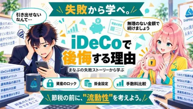 iDeCoで後悔する理由を紹介するSHIPPAI.JPの記事アイキャッチ。まなぶとみらいのイラスト付き
