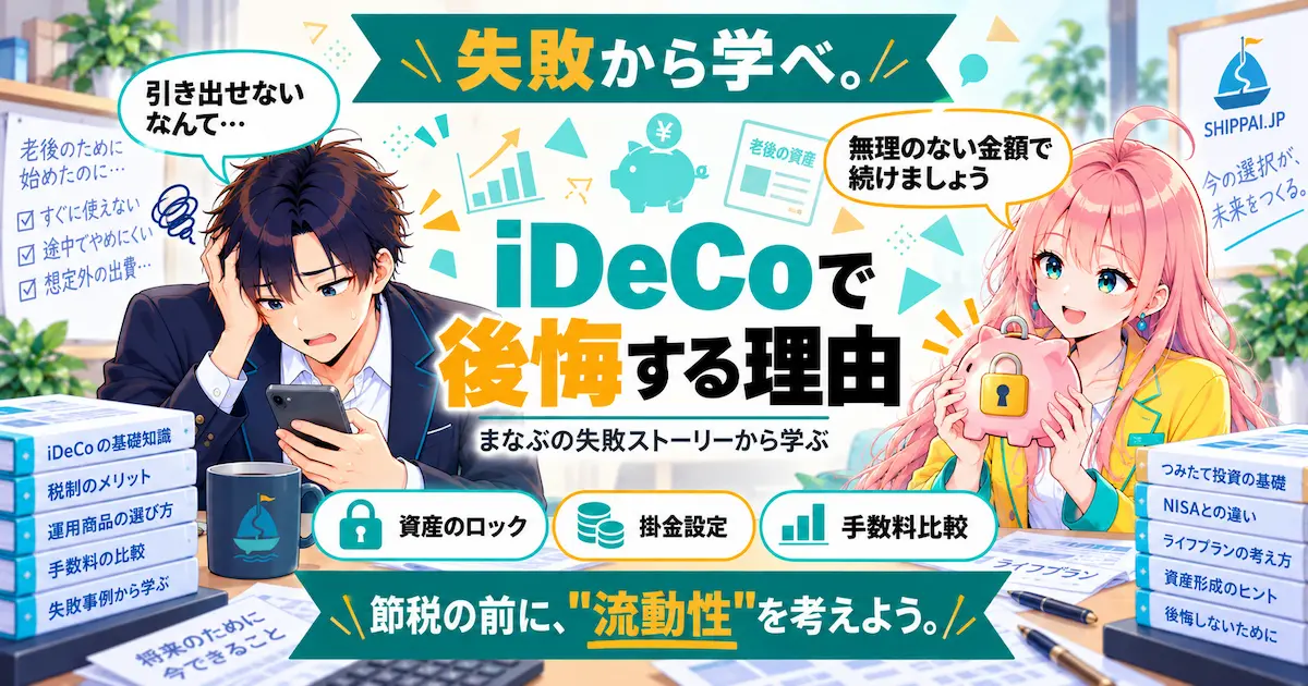 iDeCoで後悔する理由を紹介するSHIPPAI.JPの記事アイキャッチ。まなぶとみらいのイラスト付き