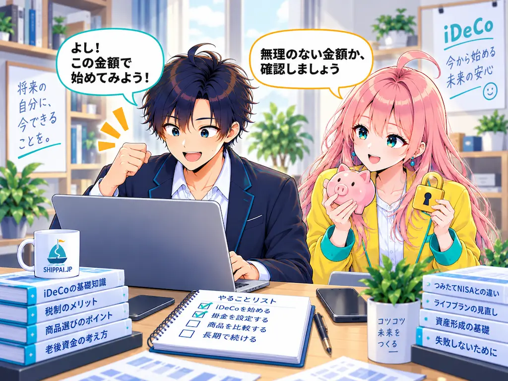 掛金設定に満足するまなぶと、無理のない金額かを確認するよう提案するみらいのイラスト