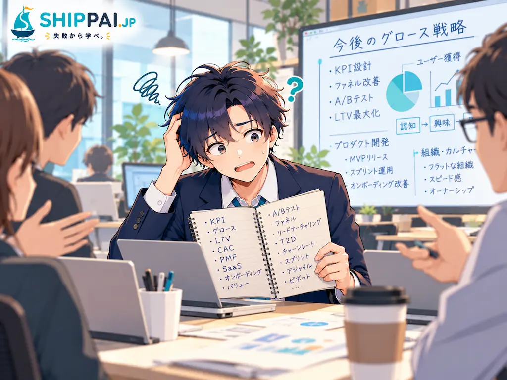 ミーティングで飛び交う専門用語についていけず、メモ帳を手に困惑した表情を浮かべるまなぶ。業界未経験転職の焦りを表すイラスト
