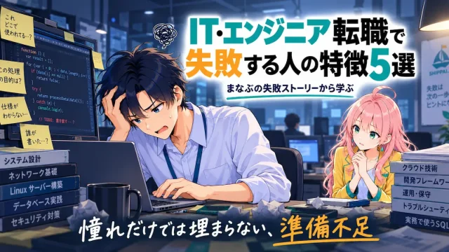 IT・エンジニア転職で失敗する人の特徴5選を紹介するSHIPPAI.JPの記事アイキャッチ。古いシステムの保守現場で途方に暮れるまなぶと、控えめに寄り添うみらいのイラスト付き