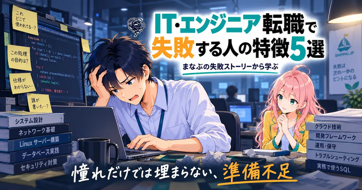 IT・エンジニア転職で失敗する人の特徴5選を紹介するSHIPPAI.JPの記事アイキャッチ。古いシステムの保守現場で途方に暮れるまなぶと、控えめに寄り添うみらいのイラスト付き