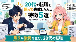 20代で転職を焦って失敗した人の特徴5選を紹介するSHIPPAI.JPの記事アイキャッチ。オフィスの机を挟んで向き合うまなぶとみらいのイラスト付き