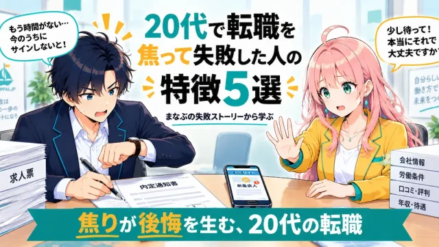 20代で転職を焦って失敗した人の特徴5選を紹介するSHIPPAI.JPの記事アイキャッチ。オフィスの机を挟んで向き合うまなぶとみらいのイラスト付き