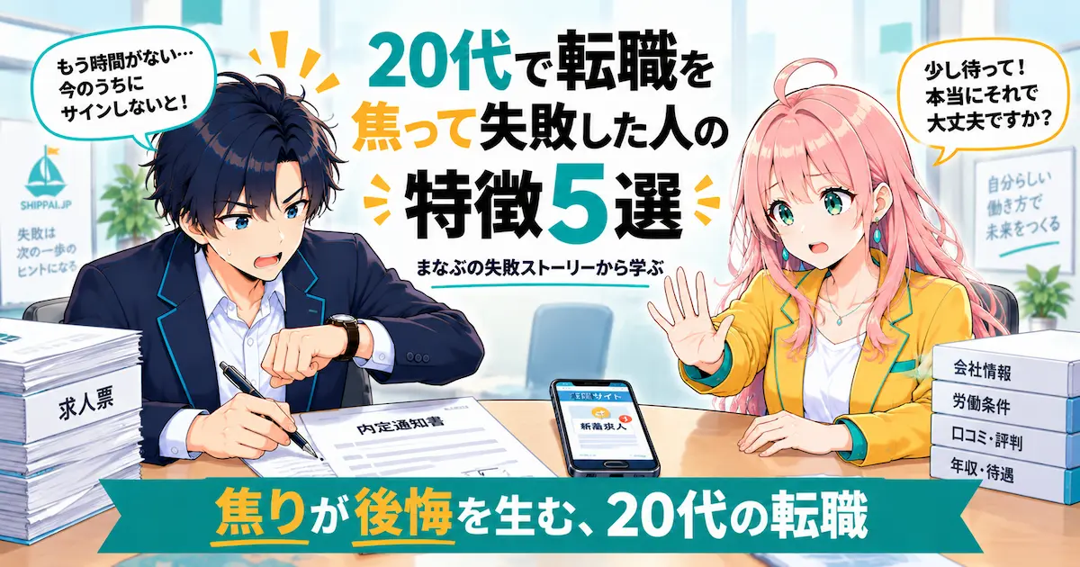 20代で転職を焦って失敗した人の特徴5選を紹介するSHIPPAI.JPの記事アイキャッチ。オフィスの机を挟んで向き合うまなぶとみらいのイラスト付き