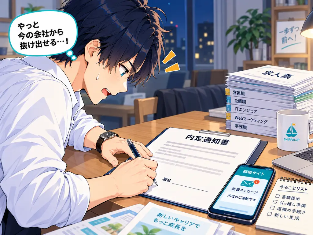 夜、自宅で内定通知書に急いでサインをするまなぶの横顔と手元。20代の焦り転職を象徴するイラスト