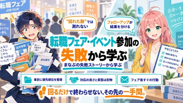 「転職フェア・イベント参加の失敗から学ぶ」を紹介するSHIPPAI.JPの記事アイキャッチ。パンフレットを抱え圧倒されるまなぶと、チェックリストを手に促すみらいのイラスト