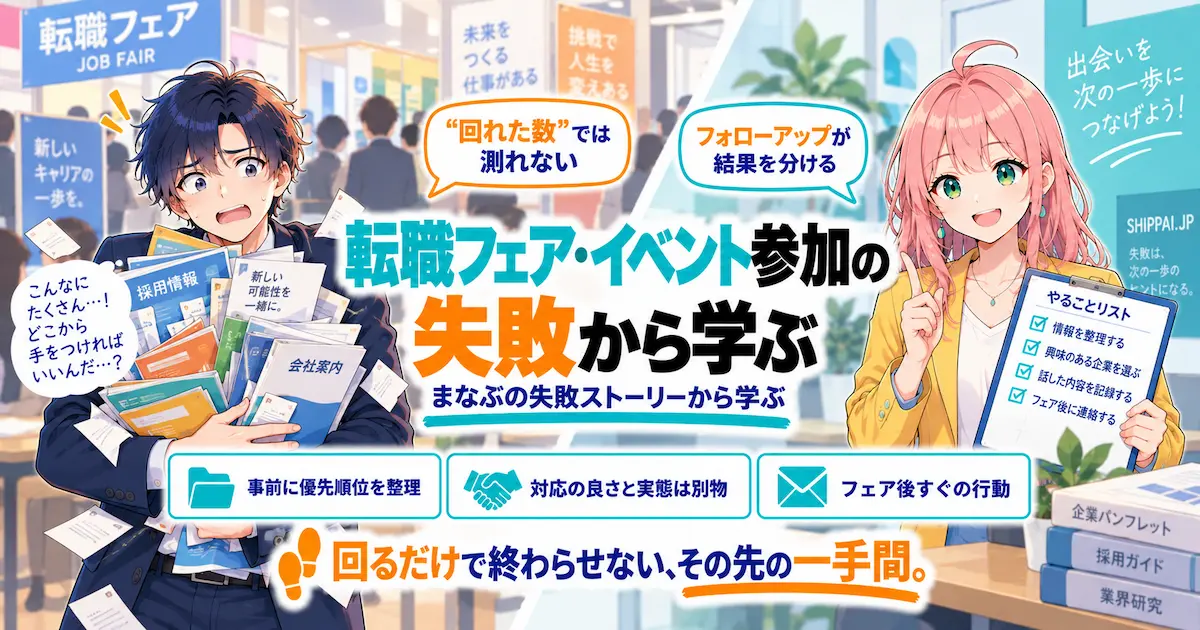 「転職フェア・イベント参加の失敗から学ぶ」を紹介するSHIPPAI.JPの記事アイキャッチ。パンフレットを抱え圧倒されるまなぶと、チェックリストを手に促すみらいのイラスト