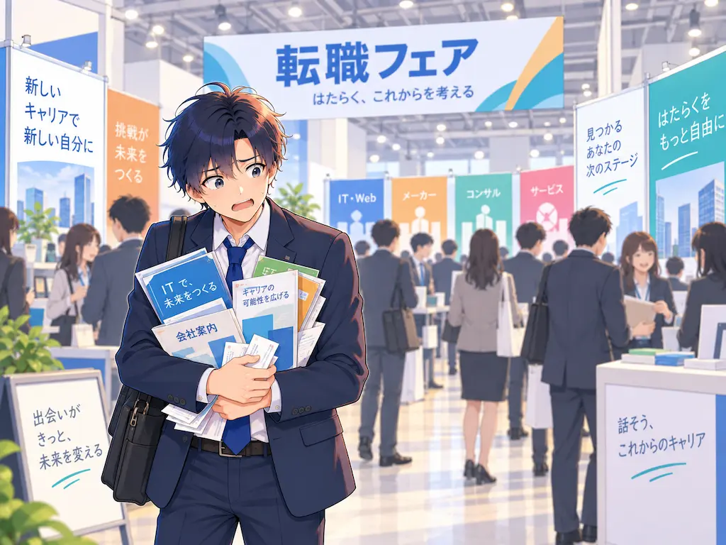 転職フェア会場で大量のパンフレットと名刺を抱え、圧倒された表情で立ち尽くすまなぶの挿絵