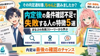 内定後の条件確認不足で失敗する人の特徴5選を紹介するSHIPPAI.JPの記事アイキャッチ。まなぶとみらいのイラスト付き