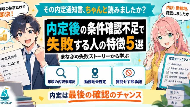 内定後の条件確認不足で失敗する人の特徴5選を紹介するSHIPPAI.JPの記事アイキャッチ。まなぶとみらいのイラスト付き
