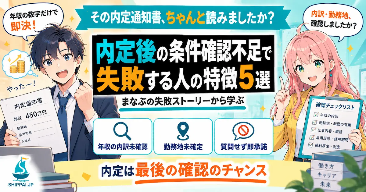 内定後の条件確認不足で失敗する人の特徴5選を紹介するSHIPPAI.JPの記事アイキャッチ。まなぶとみらいのイラスト付き