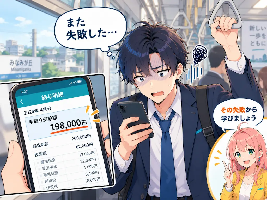 郊外行きの電車内で給与明細を見て愕然とするまなぶ。想定より少ない手取り額に驚く様子を表すイラスト