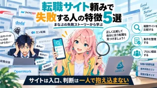 転職サイト頼みで失敗する人の特徴5選を紹介するSHIPPAI.JPの記事アイキャッチ。案内するみらいと、タブに埋もれるまなぶのイラスト付き