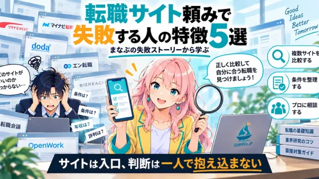 転職サイト頼みで失敗する人の特徴5選を紹介するSHIPPAI.JPの記事アイキャッチ。案内するみらいと、タブに埋もれるまなぶのイラスト付き