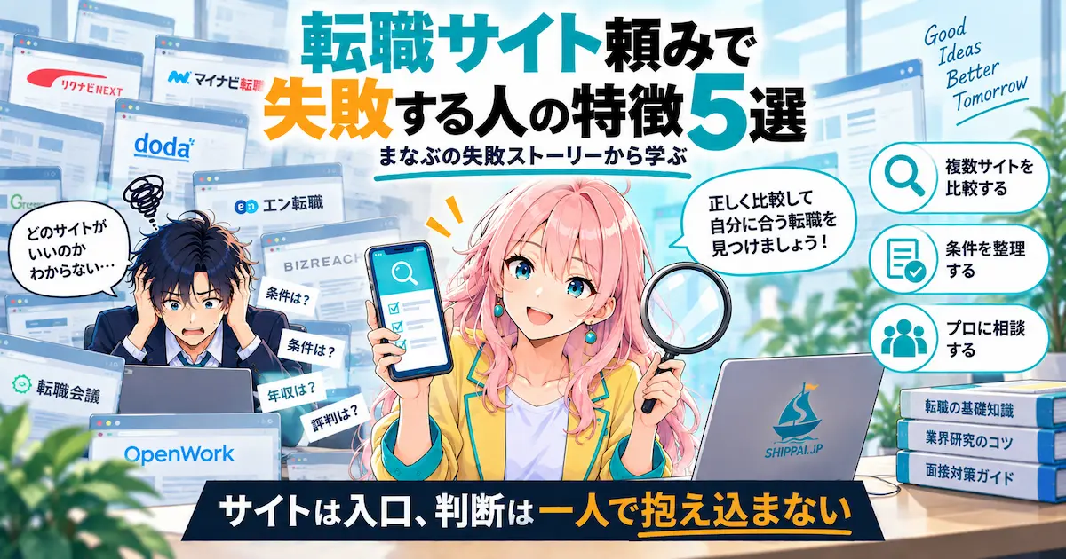転職サイト頼みで失敗する人の特徴5選を紹介するSHIPPAI.JPの記事アイキャッチ。案内するみらいと、タブに埋もれるまなぶのイラスト付き