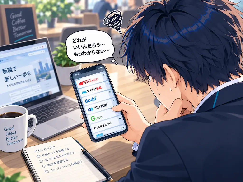 カフェでスマートフォンの複数の転職サイトを放心気味にスクロールし続けるまなぶ。比較疲れによる思考停止を表すイラスト