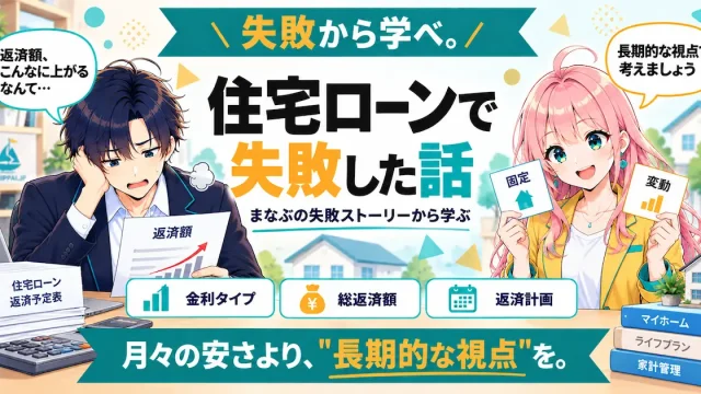 住宅ローンで失敗した話を紹介するSHIPPAI.JPの記事アイキャッチ。まなぶとみらいのイラスト付き