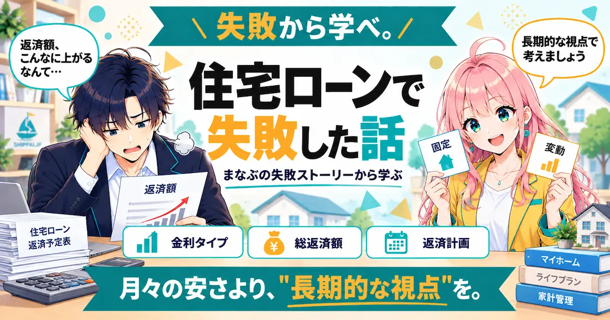 住宅ローンで失敗した話を紹介するSHIPPAI.JPの記事アイキャッチ。まなぶとみらいのイラスト付き