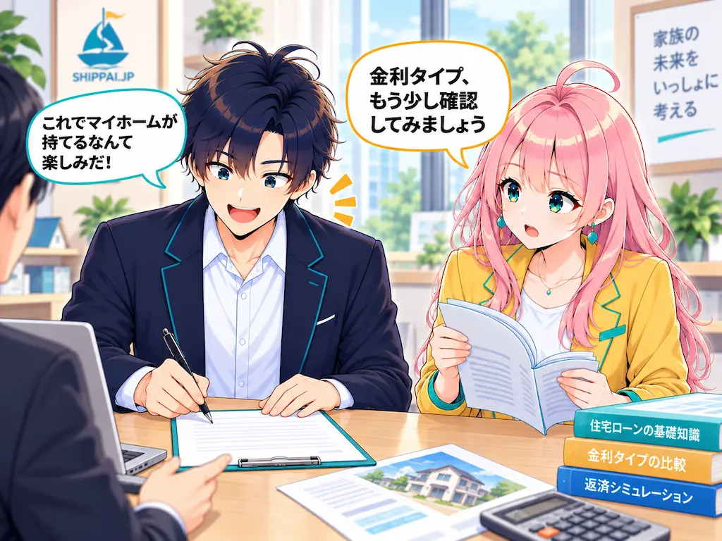 満足げにサインするまなぶと、金利タイプの確認を提案するみらいのイラスト
