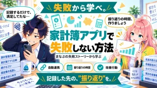 家計簿アプリで失敗しない方法を紹介するSHIPPAI.JPの記事アイキャッチ。まなぶとみらいのイラスト付き